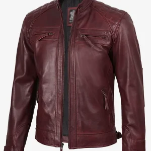 Fashion Waxed Quilted Burgundy Biker Leather Jacket