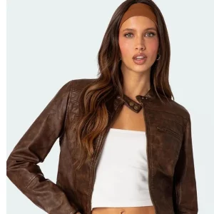 Gloria Edikted Women Cafe Racer PU Leather Jacket