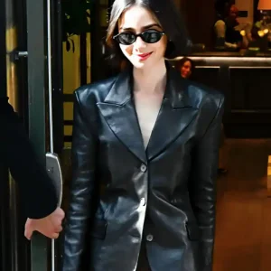 Lily Collins Leather Black Blazer