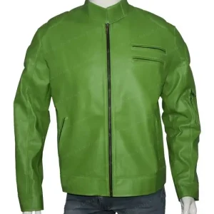 Men Green Regular Fit Part Wear Leather Jacket