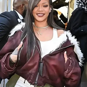 Rihanna Paris Fashion Week Show Maroon Jacket