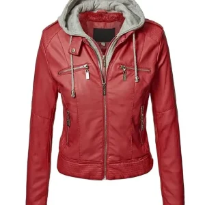 Slim Fit Red Leather Hooded Jacket