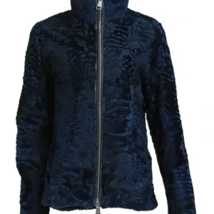 Swakara Lamb Fur High Collar Blue Jacket