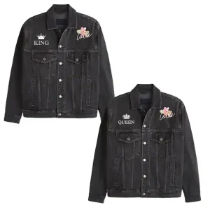 Valentine Love King And Queen Couple Black Denim Jacket