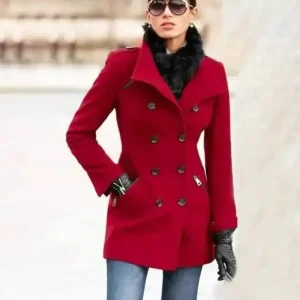 Womens Double Breasted Red Wool Coat