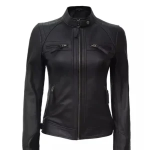 Women’s Quilted Cafe Racer Black Leather Jacket