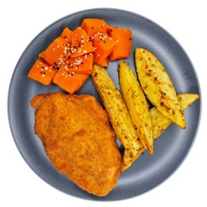 Chicken Schnitzel with Potato Wedges and Pumpkin